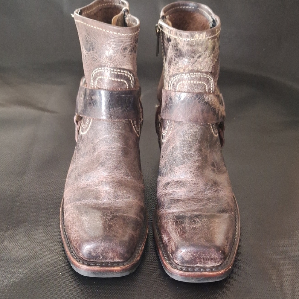 Frye Women's 8 Conway Brown Vintage Patina Leather Harness Boots Side Zip - Picture 2 of 7